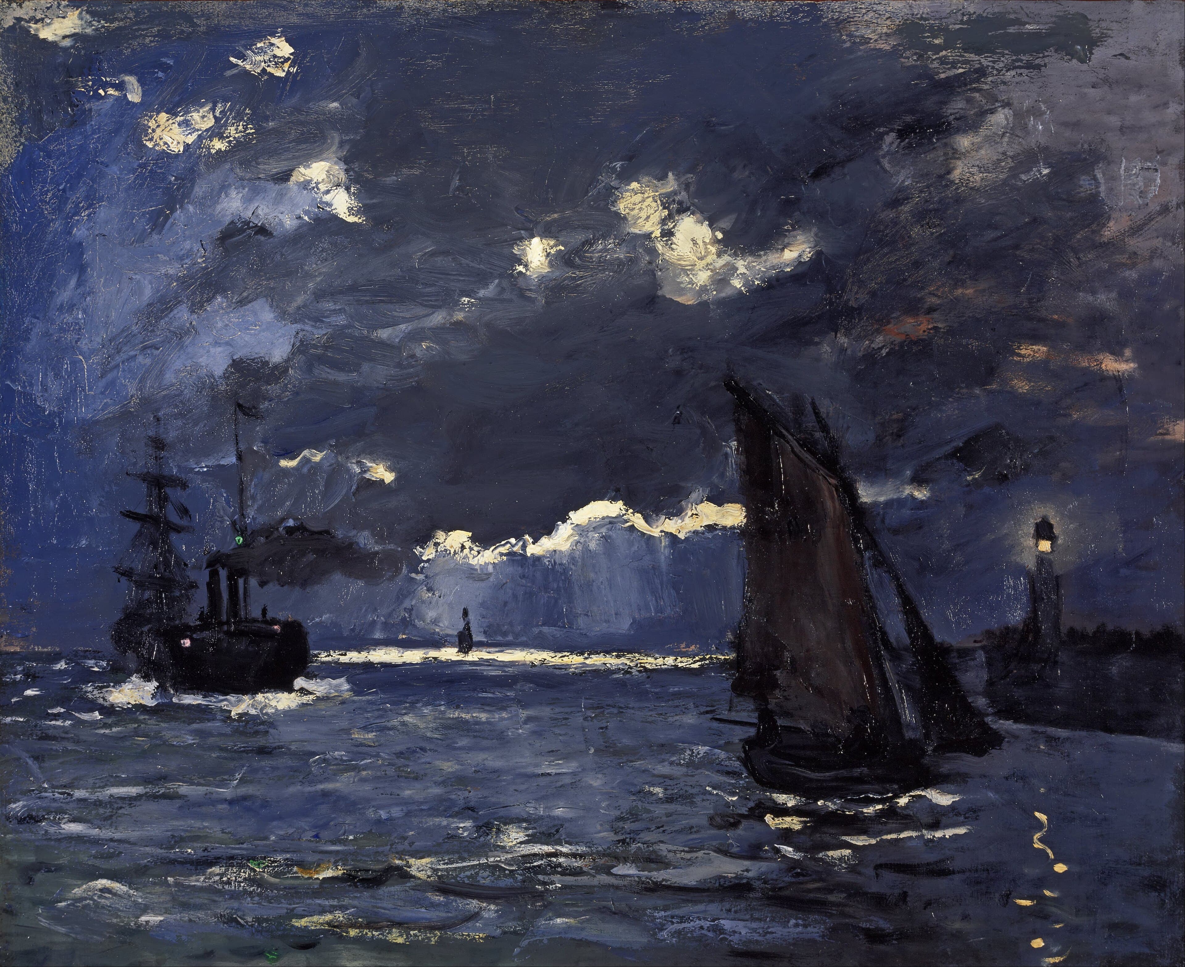 A steamer and a dark-sailed fishing boat on a choppy night sea under moonlit clouds, a lighthouse reflecting yellow on the water — Claude Monet, A Seascape, Shipping by Moonlight, c. 1864