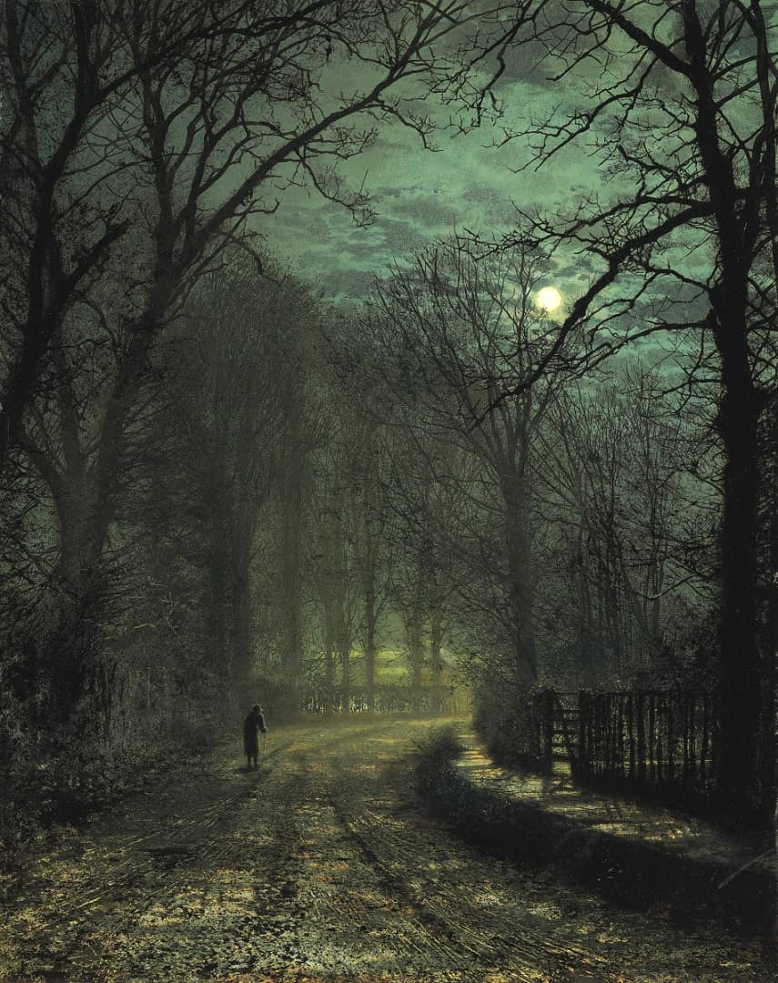 A wet moonlit country lane between tall bare trees, fallen leaves on the verges and a lone figure walking away — John Atkinson Grimshaw, A Yorkshire Lane in November