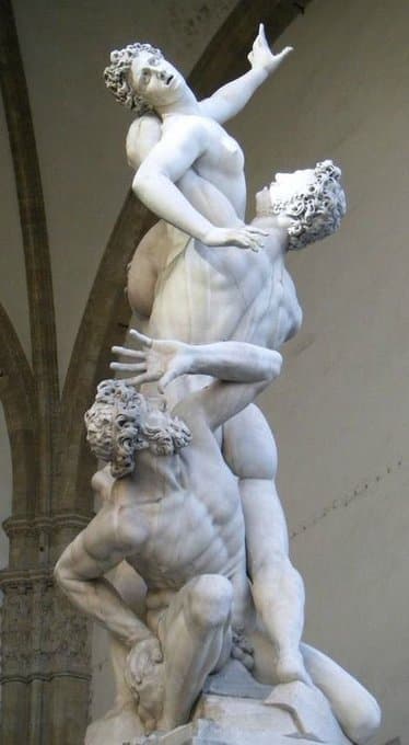 A marble group of a young man lifting a struggling woman above a crouching older man, the three figures spiraling upward — Giambologna, Abduction of a Sabine Woman, 1579–83