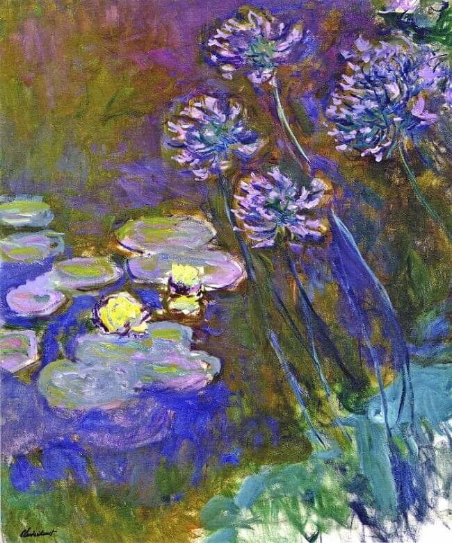 Blue-violet agapanthus flowers on tall stems lean over a purple pond scattered with lily pads and yellow blossoms — Claude Monet, Water Lilies and Agapanthus, 1914–17
