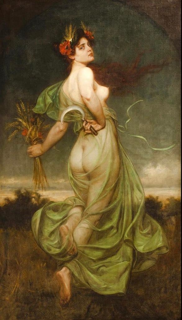 A red-haired woman in sheer green drapery, crowned with wheat and poppies, looks back over her shoulder as she walks through a field holding a sheaf of wheat, a sickle hidden behind her back — attributed to František Bohumil Doubek, Allegory of Summer, c. 1905