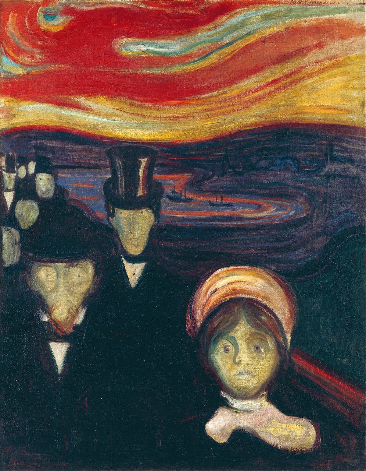 A crowd of pale, staring men in top hats and a woman in black walk toward the viewer beneath a swirling red and orange sky over a dark fjord — Edvard Munch, Anxiety, 1894