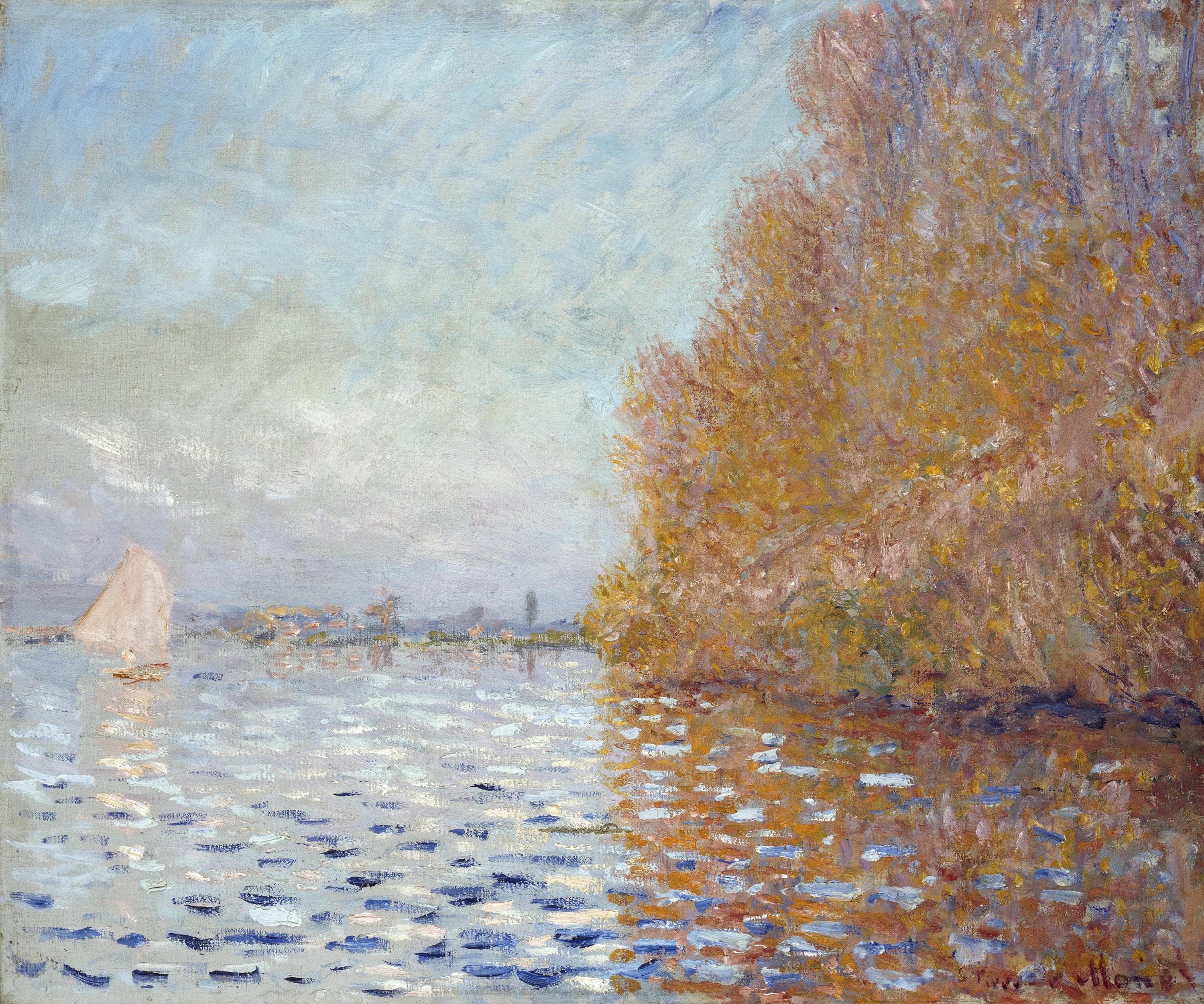 Golden autumn trees on the right bank reflected in rippling silver-blue water, a lone white sail far off at left — Claude Monet, Argenteuil Basin with a Single Sailboat, 1874
