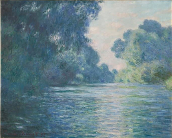 A quiet arm of river at dawn between a dark bank of blue-violet trees and a lighter clump, a pink gap of sky reflected in misty water — Claude Monet, Arm of the Seine near Giverny, 1897
