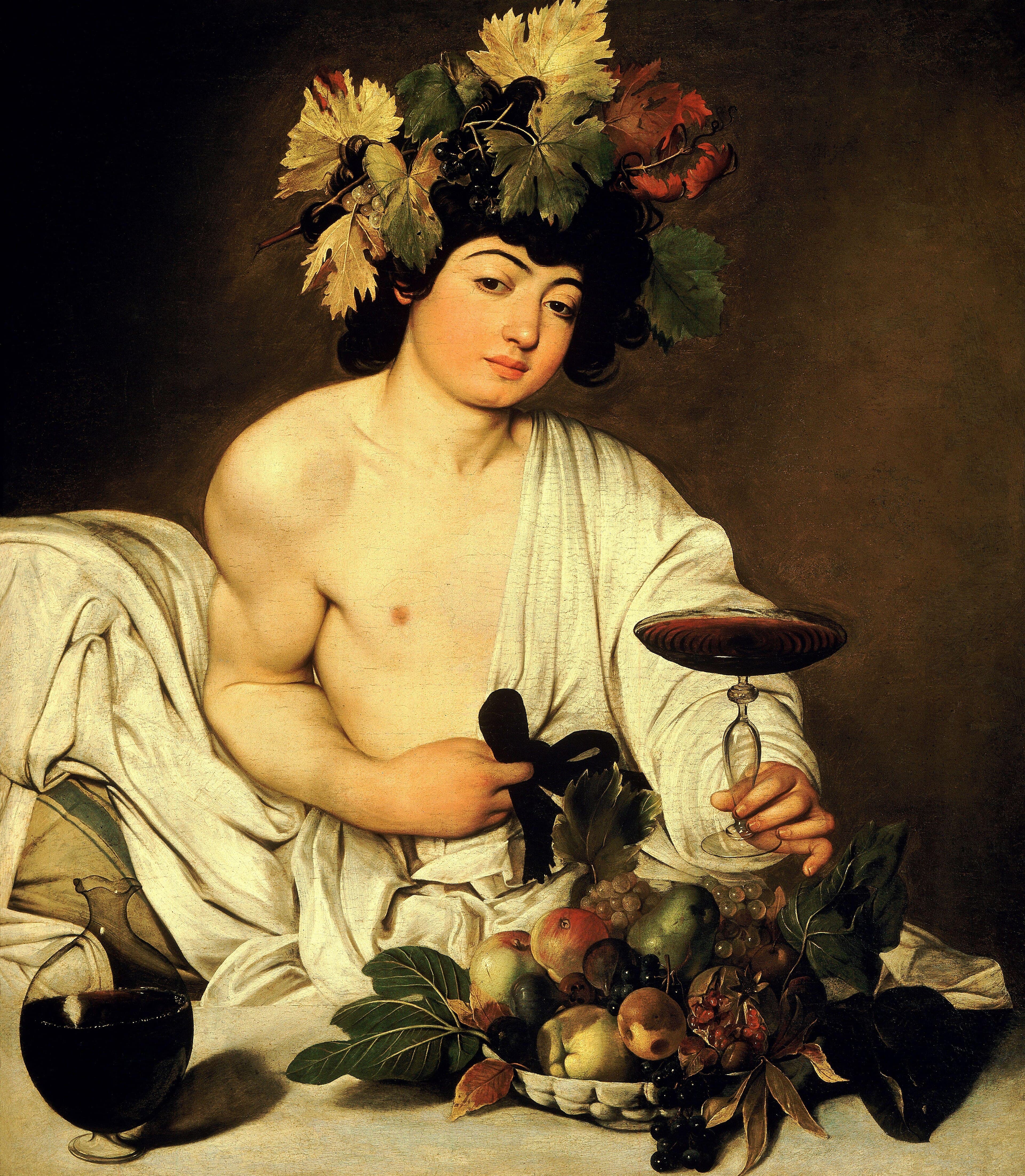 A youth crowned with grape leaves reclines in a white robe, holding out a glass of red wine beside a bowl of ripe and rotting fruit — Caravaggio, Bacchus, c. 1596–98