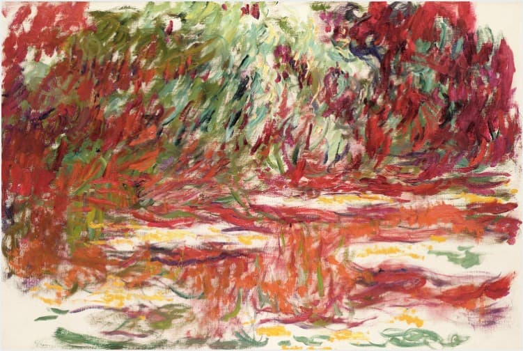 Slashing strokes of red, orange and green on bare white canvas suggest trees on a bank reflected in a pond with a few lily pads — Claude Monet, Bassin aux nymphéas, 1918–19