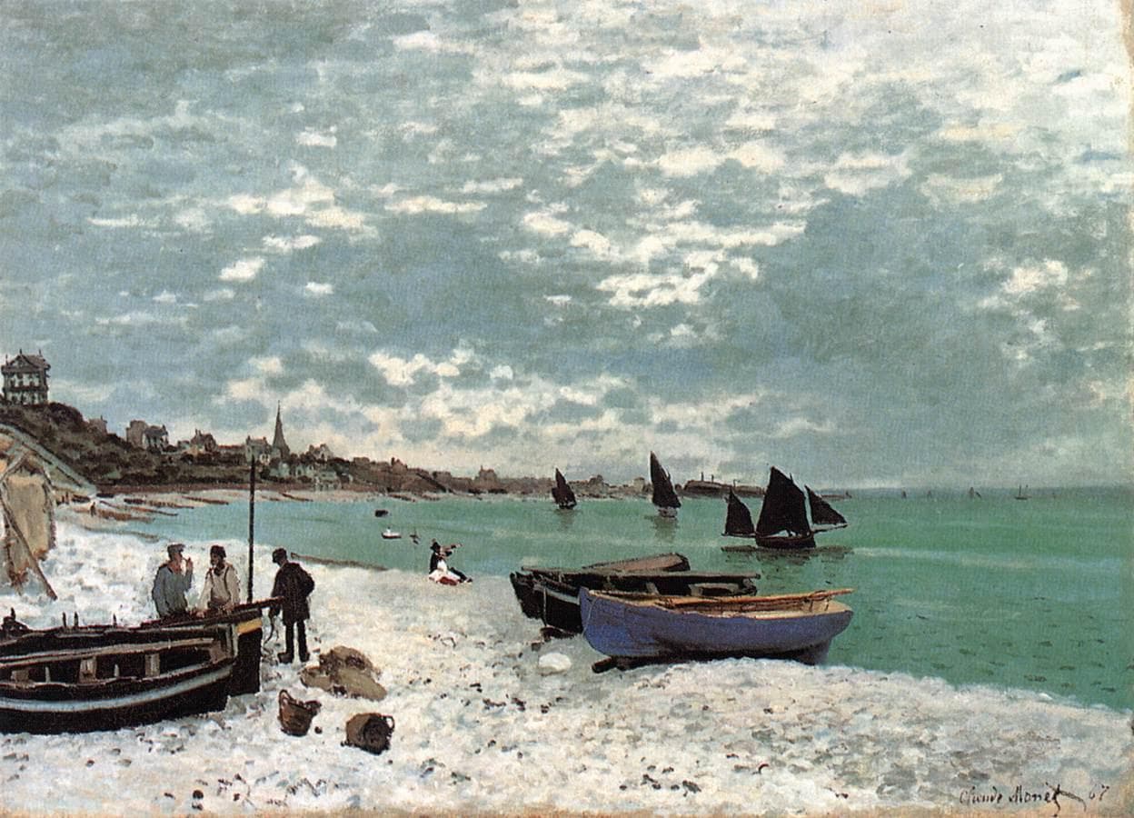 Fishing boats pulled up on a pebble beach, figures by the boats, small dark sails on a green sea under a big cloudy sky — Claude Monet, The Beach at Sainte-Adresse, 1867
