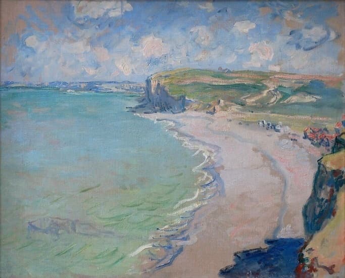 A pale curving beach seen from a high cliff, with milky green sea at left and a chalk headland in the distance — Claude Monet, Beach in Pourville, 1882