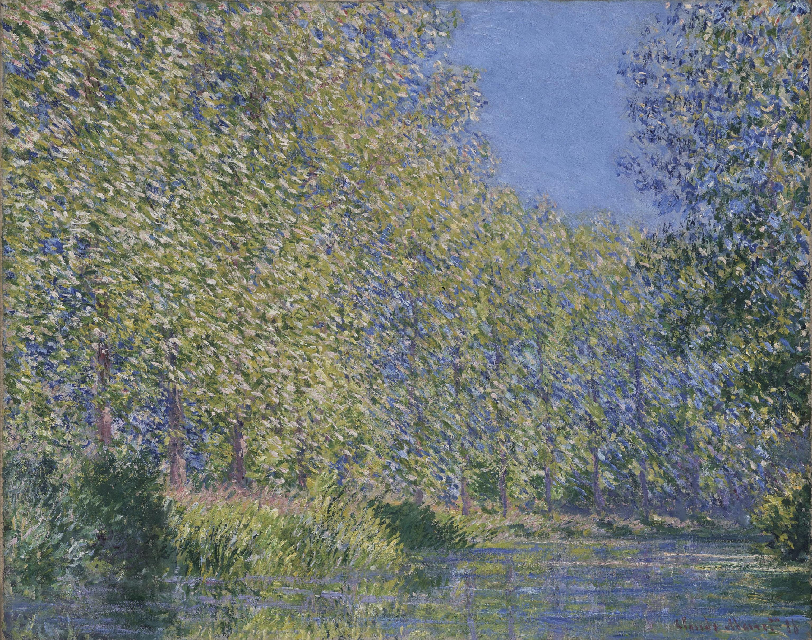 A row of tall poplars in shimmering yellow-green spring leaf curves along a river bank, reflected in still water under a patch of lavender sky — Claude Monet, Bend in the Epte River near Giverny, 1888