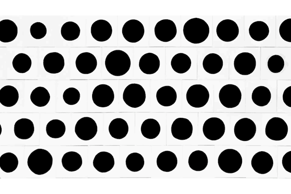 A grid of small white square panels, each painted with a single freehand black dot of slightly different size and shape — Jonathan Horowitz, Black Dot Project