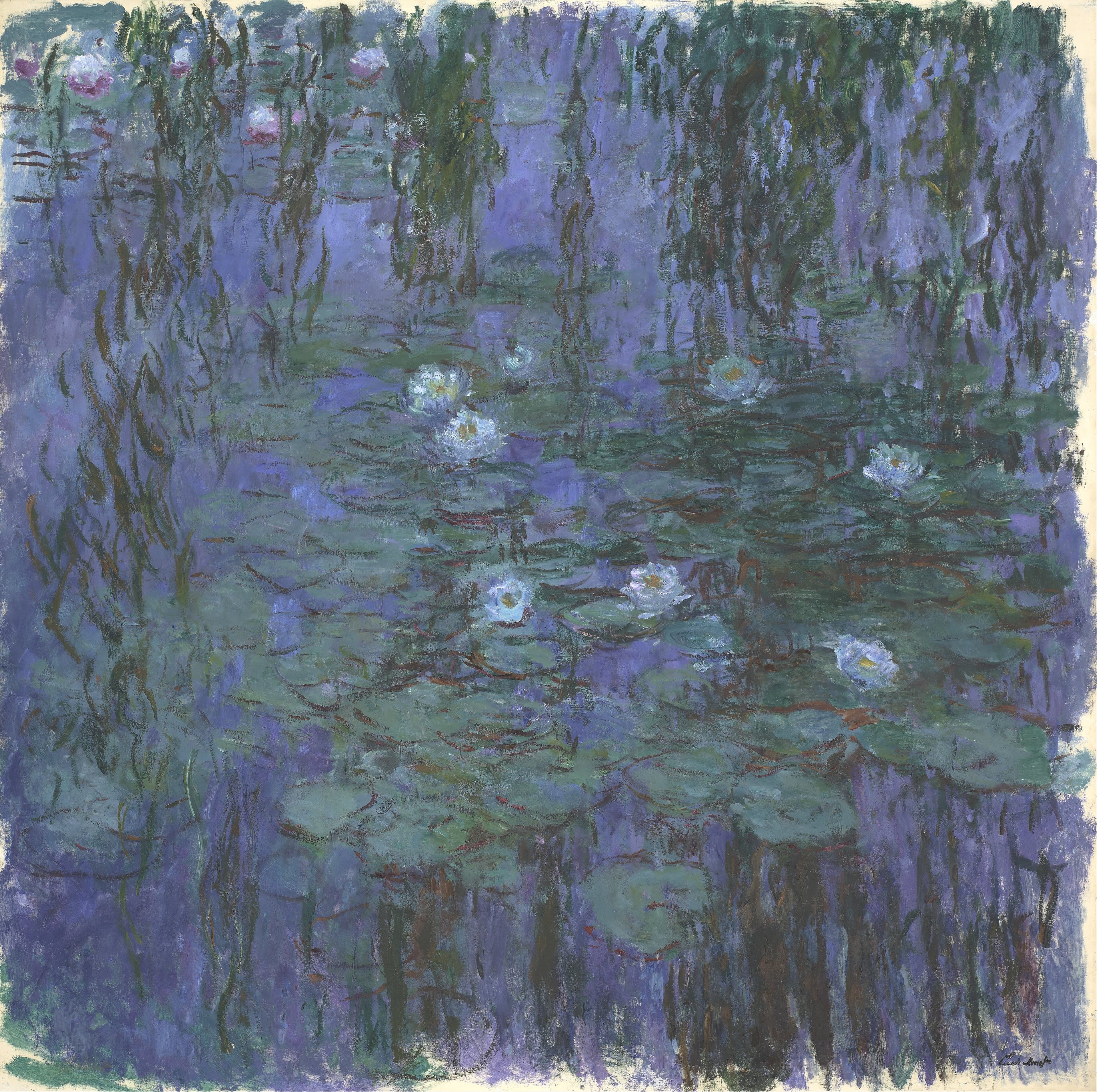 White water lilies float on deep blue and violet water crossed by the dark hanging reflections of willow fronds — Claude Monet, Blue Water Lilies, 1916–19