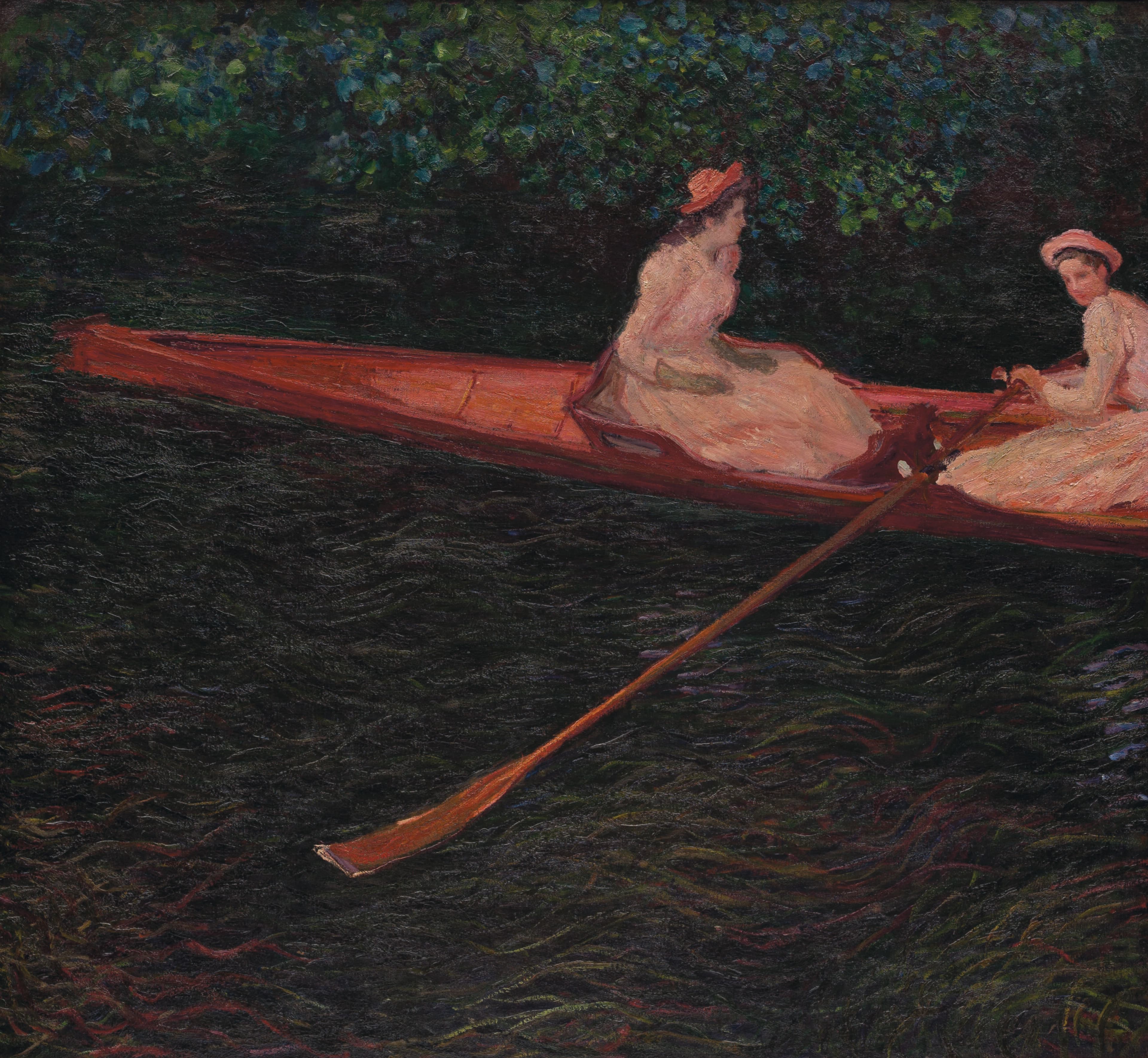 Two young women in white dresses and boaters sit in a long pink canoe on dark green water, an orange oar angled below — Claude Monet, Boating on the River Epte, 1890