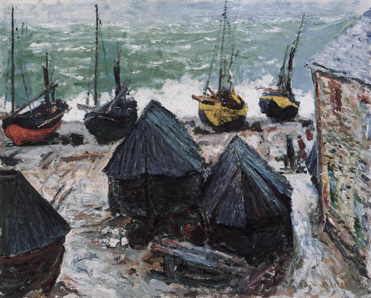 Dark thatched boat-sheds and red and yellow fishing boats on a pebble beach in front of a rough green sea — Claude Monet, Boats on the Beach at Étretat, 1885