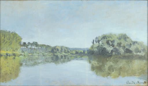 A calm river between two banks of yellow-green and blue trees, reflected almost symmetrically under a pale sky — Bords de la Seine à Argenteuil, attributed to Claude Monet