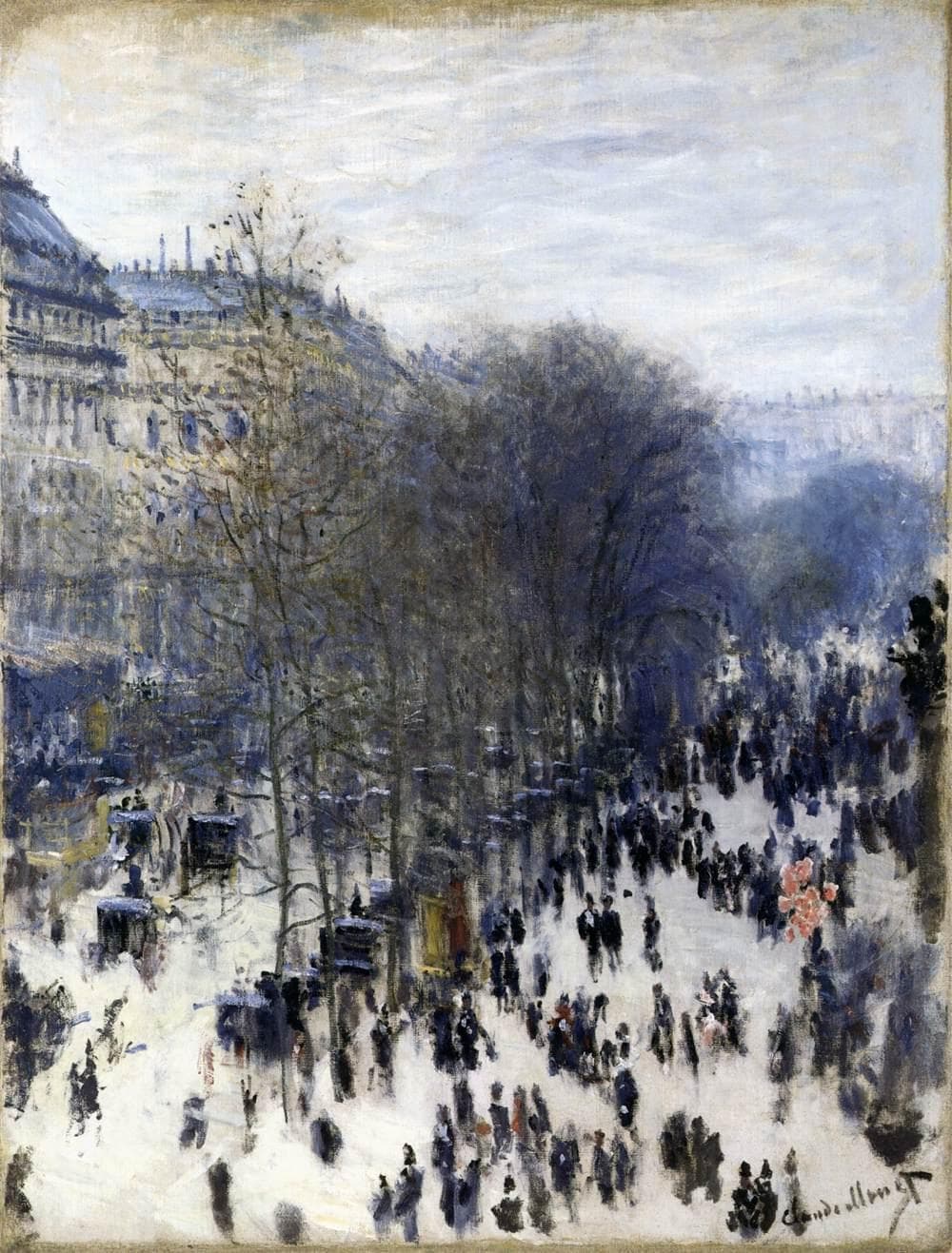A snowy Paris boulevard seen from above, lined with bare winter trees, crowded with tiny dark figures and carriages, pink balloons at right — Claude Monet, Boulevard des Capucines, 1873–74