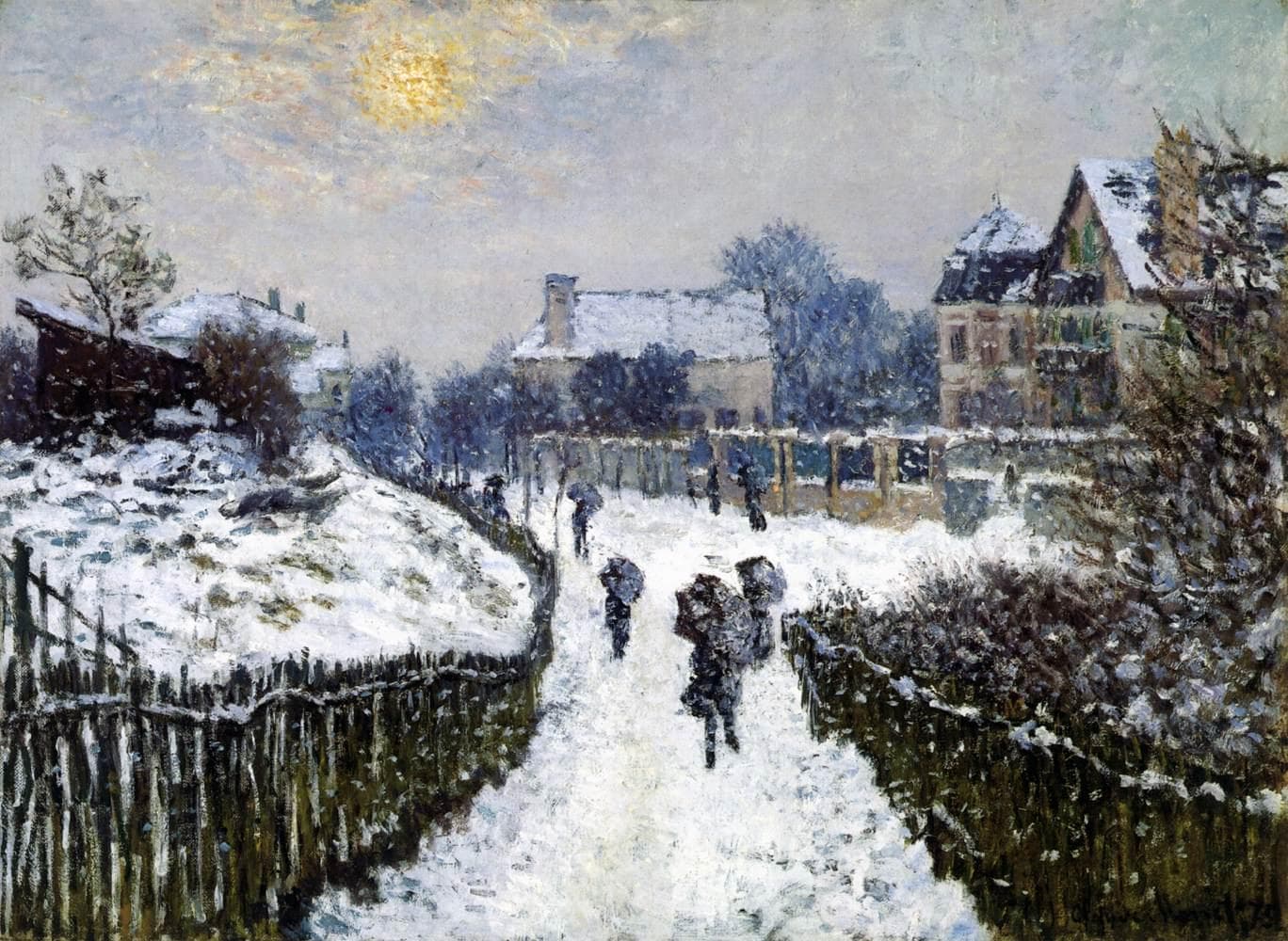 A snowy suburban street lined with houses and bare trees under a pale sky, with small figures carrying umbrellas — Claude Monet, Boulevard Saint-Denis, Argenteuil, in Winter, 1875
