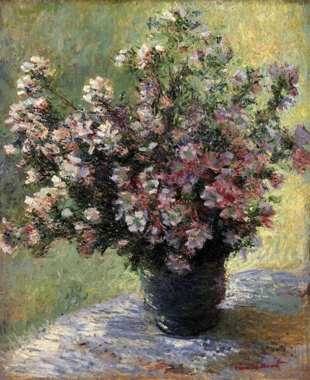 A loose spray of pink, mauve and white mallow flowers in a dark vase on a white tablecloth against a green background — Claude Monet, Vase of Flowers, c. 1881–82