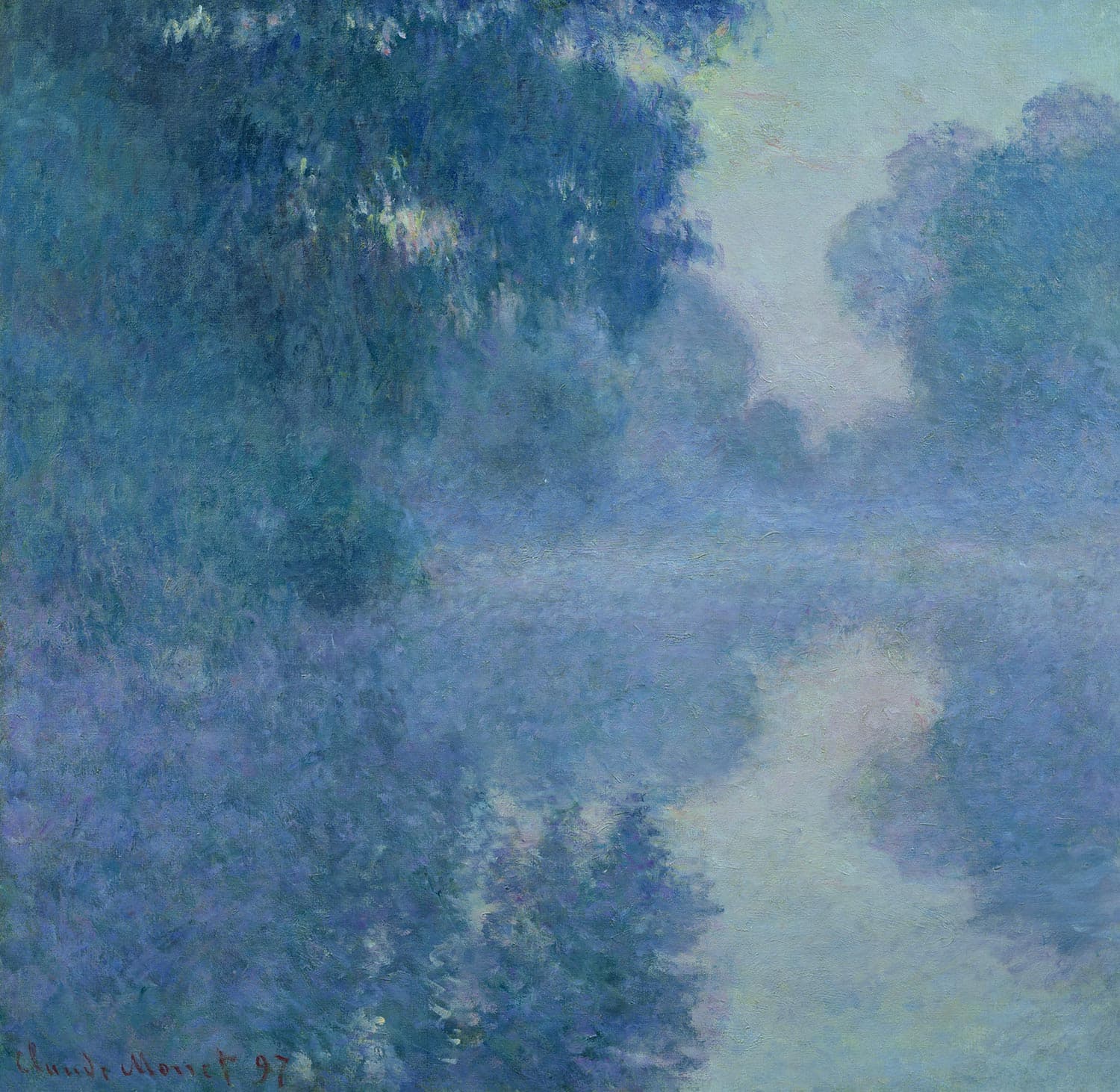 Deep blue trees on both banks dissolve into lilac mist over still water, faint pink and yellow touches in the sky — Claude Monet, Arm of the Seine near Giverny, Rising Sun, 1897