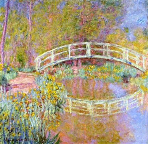 A pale arched footbridge over a pond reflecting pink and violet light, with clumps of yellow irises at lower left — Claude Monet, The Bridge in Monet's Garden, c. 1895–96