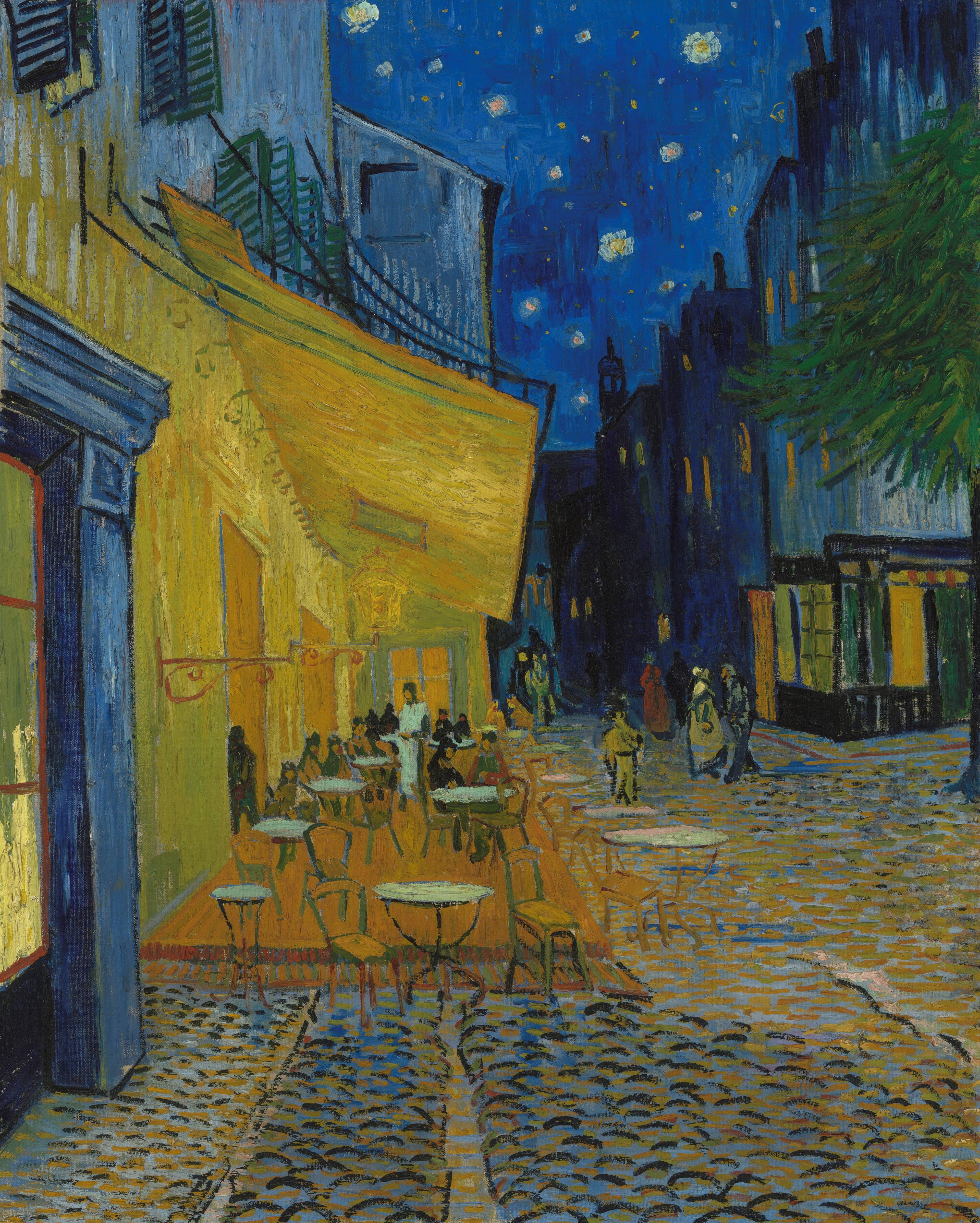 A café terrace glows yellow under a lit awning on a cobbled street at night, beneath a deep blue sky scattered with stars — Vincent van Gogh, Café Terrace at Night, 1888