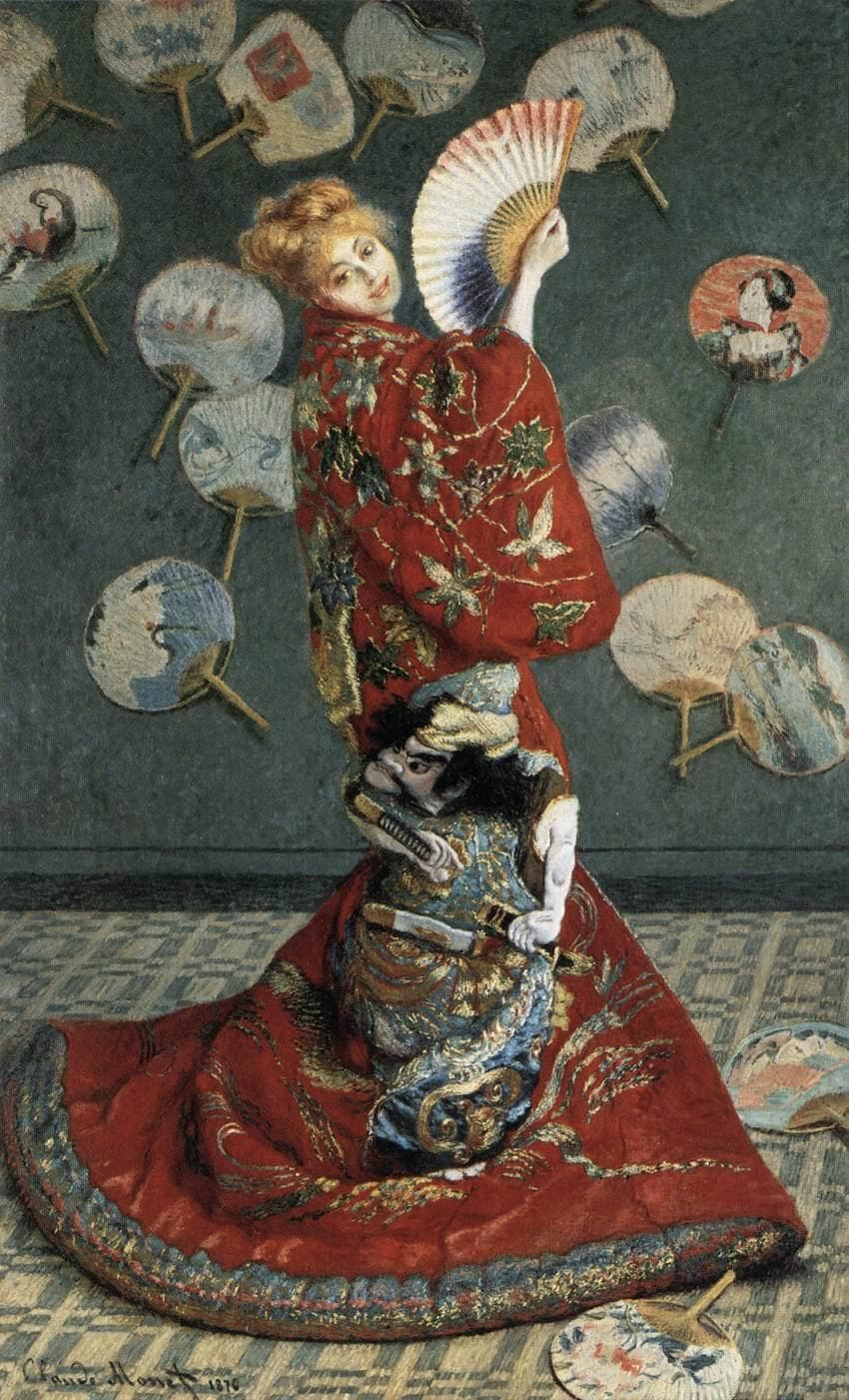 A woman in a blond wig and a flowing red embroidered kimono turns with a tricolor fan in front of a wall hung with round Japanese fans — Claude Monet, La Japonaise, 1876