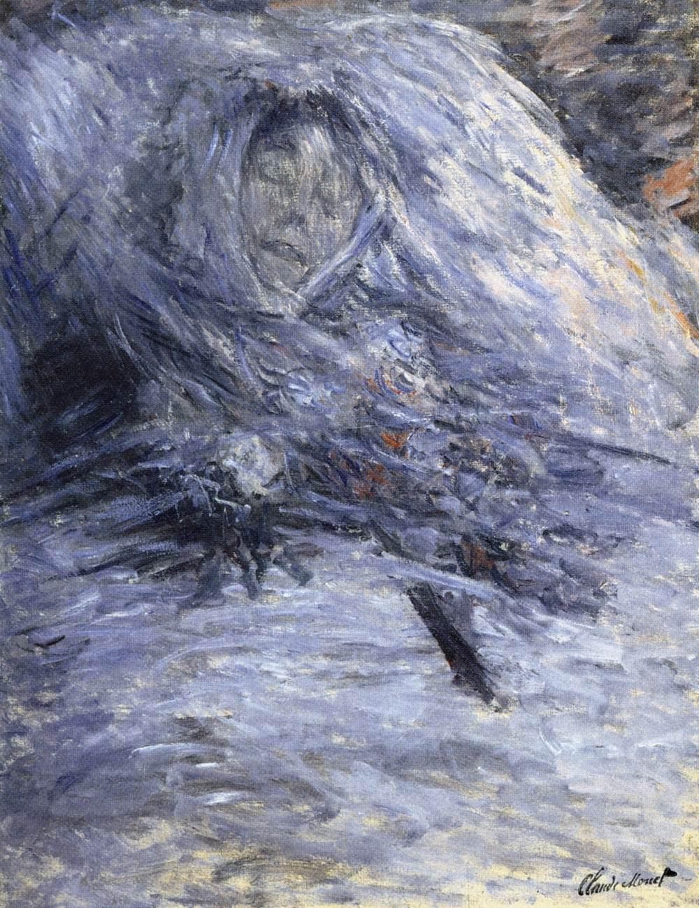A woman's pale face with closed eyes rests on a pillow, half veiled in sweeping blue, grey and violet strokes, flowers at her breast — Claude Monet, Camille Monet on Her Deathbed, 1879