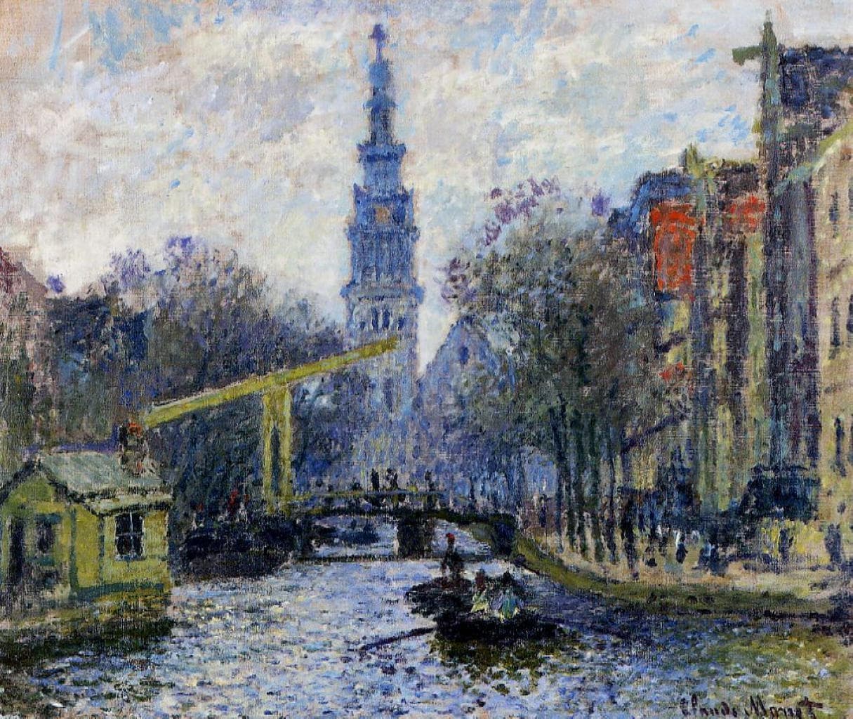 A canal leads to a tall blue-white church tower, a white drawbridge across it, a rowing boat on the water and shadowed gabled houses at right — Claude Monet, Canal in Amsterdam, 1874