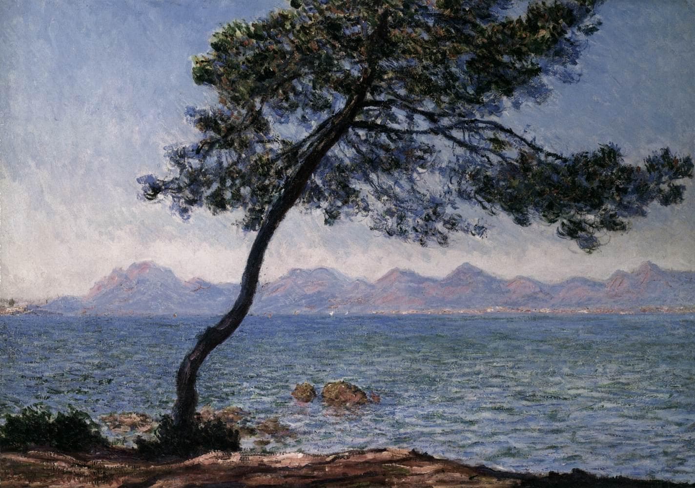 A single wind-bent pine leans across a turquoise sea with pink and violet mountains on the horizon — Claude Monet, Antibes, 1888