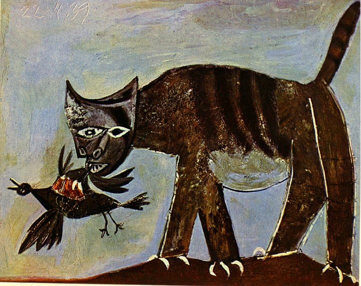 A large snarling striped cat with glaring eyes holds a struggling, wounded black bird in its jaws against a grey sky — Pablo Picasso, Cat Catching a Bird, 1939