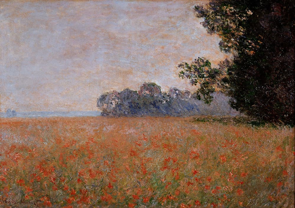A ripe golden-pink oat field dotted with red poppies, a dark tree at right and hazy blue woods under a pale sky — Claude Monet, Oat Field with Poppies, c. 1890