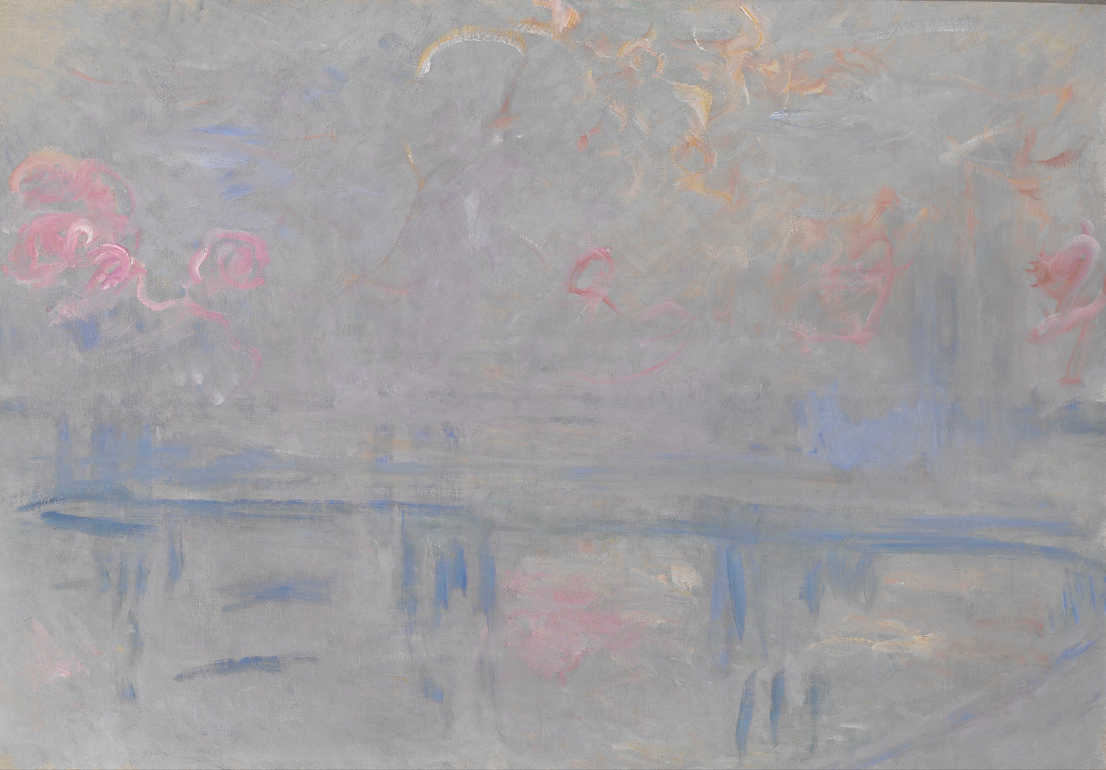 A few blue strokes form a bridge over a pale gray river, with loops of pink and orange smoke drifting across a bare gray sky — Claude Monet, Charing Cross Bridge, c. 1900
