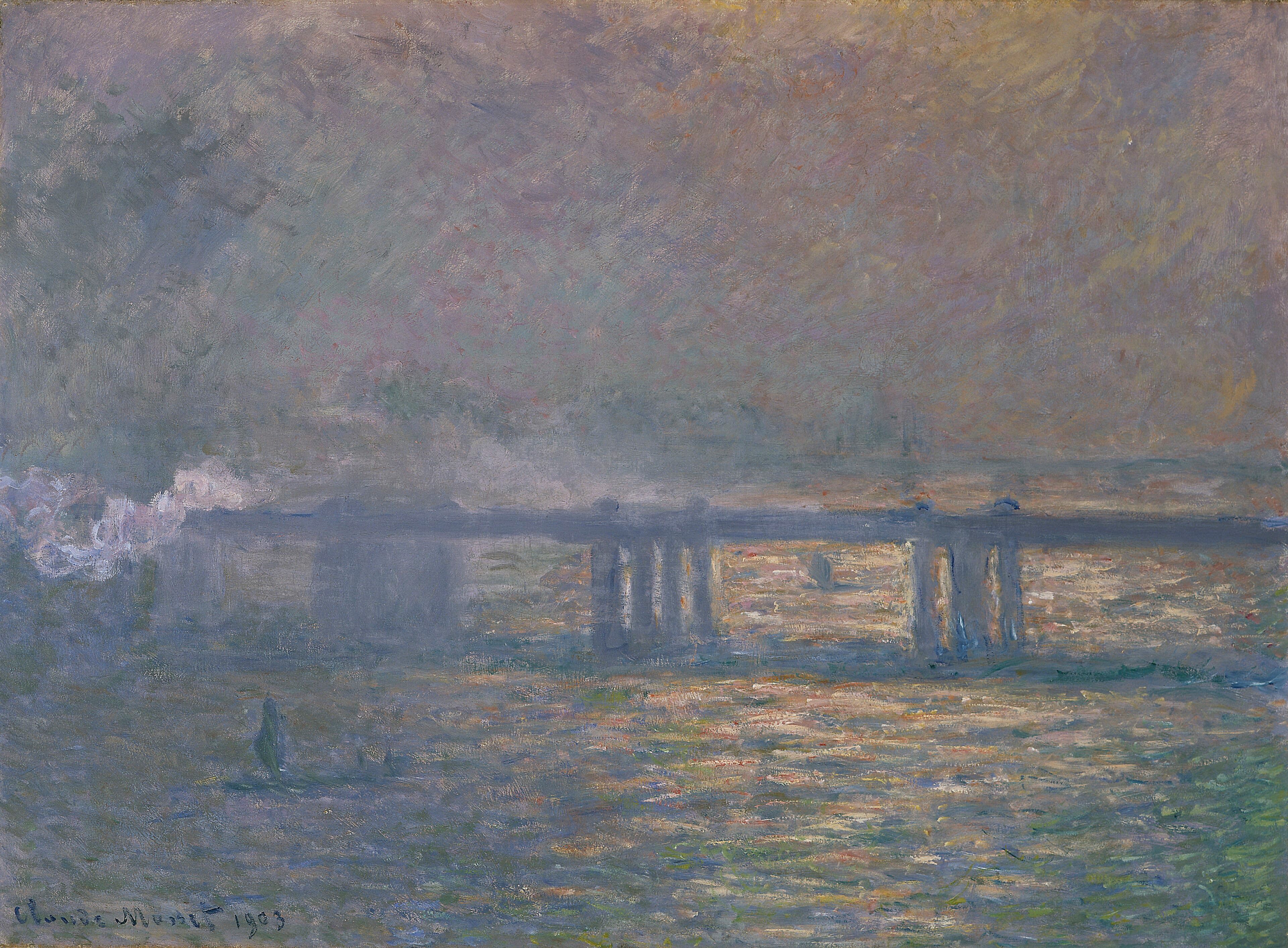 A dark violet bridge crosses a sun-flecked river under a heavy brown sky, train smoke bursting at left and a small sailboat below — Claude Monet, Charing Cross Bridge, 1903