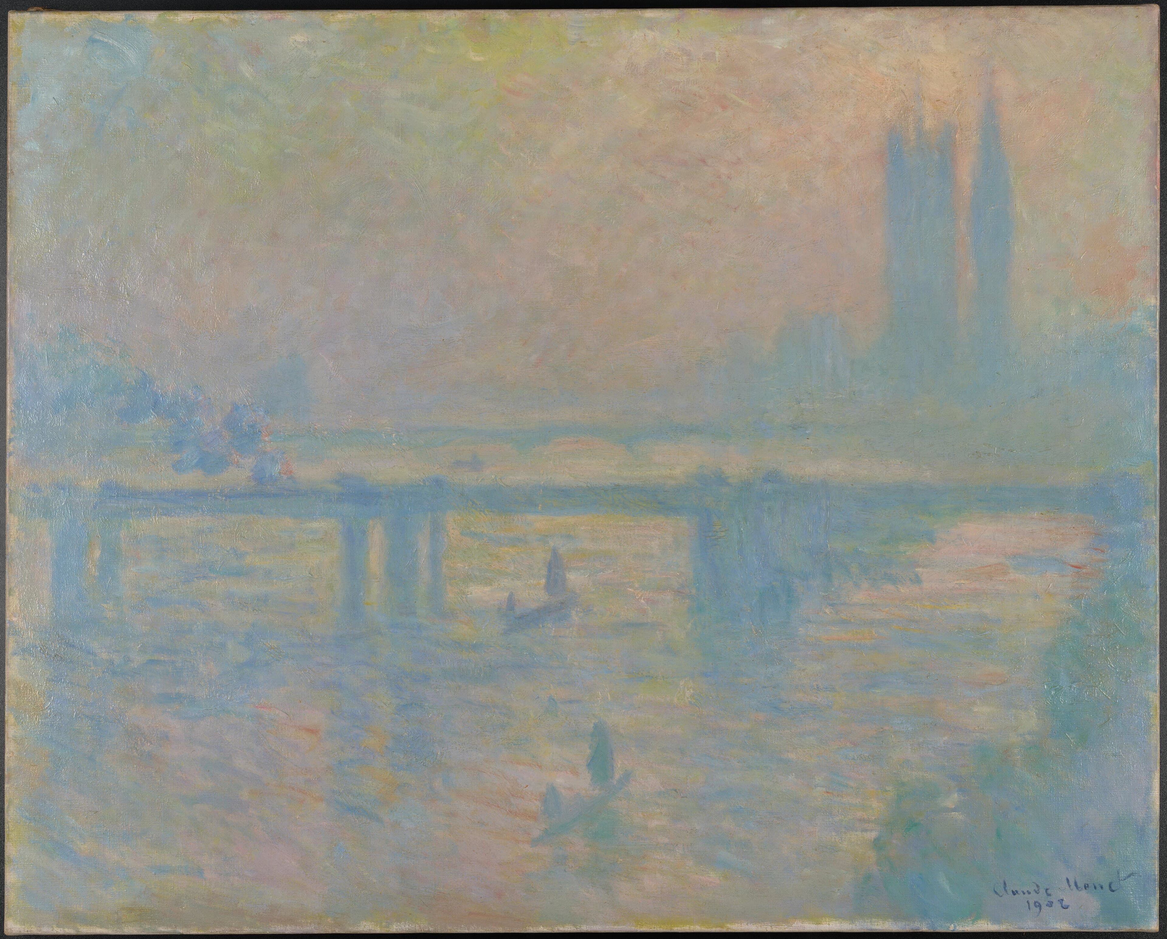 A pale blue-green bridge crosses a peach and turquoise river, train smoke at left, Westminster's towers at right and two small boats below — Claude Monet, Charing Cross Bridge, c. 1900–02