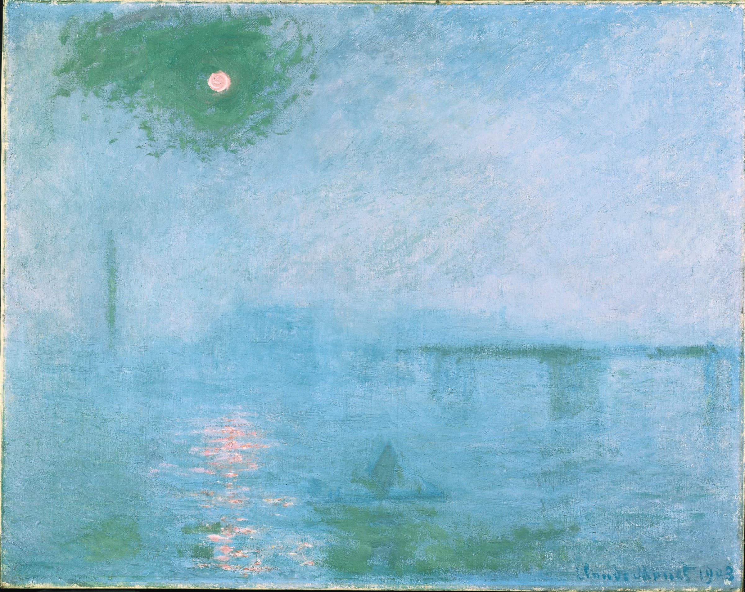 A faint violet bridge in a turquoise fog, a small red sun ringed in green at upper left and its red reflection on the water — Claude Monet, Charing Cross Bridge: Fog on the Thames, 1903