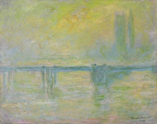 A thin blue-gray bridge crosses a river in yellow-green fog, Parliament's towers pale at right and an orange smudge of sun at top — Claude Monet, Charing Cross Bridge, Fog, 1902–03