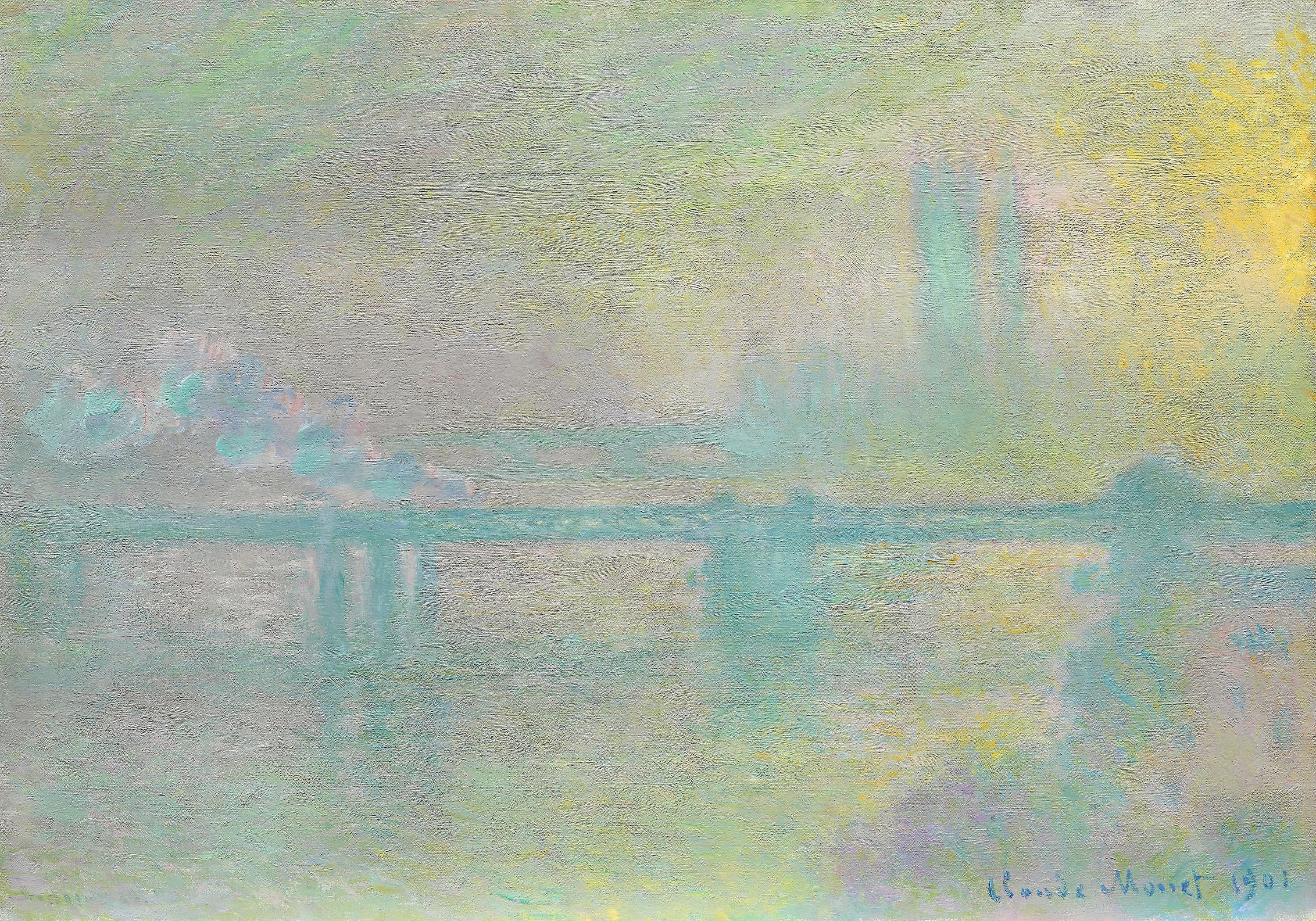 A thin turquoise bridge crosses a pale misty river with beaded train smoke at left, Parliament faint at right and golden sunlight at the upper corner — Claude Monet, Charing Cross Bridge, London, 1901