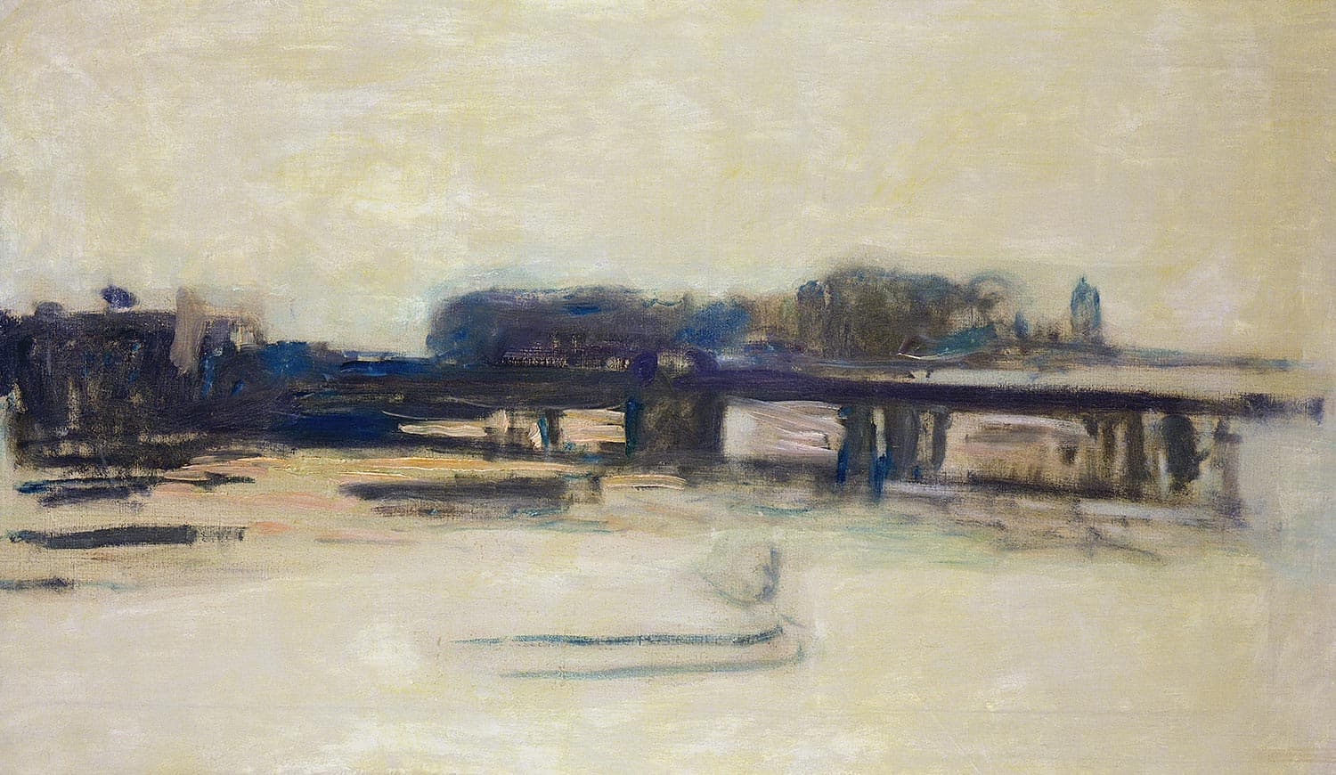 Dark blue and violet strokes sketch a bridge, train and skyline across a bare cream canvas, a few lines marking the river below — Claude Monet, Charing Cross Bridge, c. 1899–1901