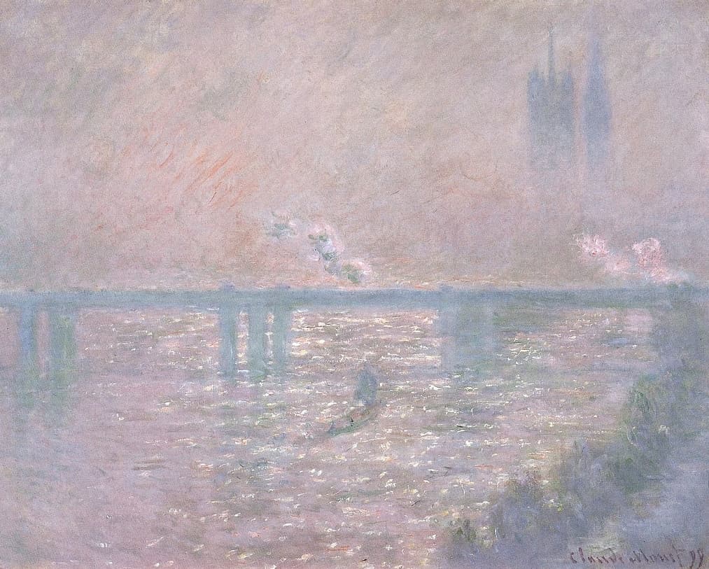 A pale bridge crosses a river glittering white under a rose-pink misty sky, with coral smoke and faint Parliament towers at right — Claude Monet, Charing Cross Bridge, 1899