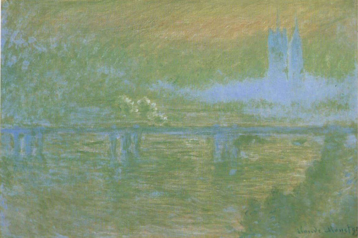 A faint blue bridge crosses a green-gold misty river, with Parliament's towers in a pale blue cloud at right — Claude Monet, Charing Cross Bridge, c. 1899