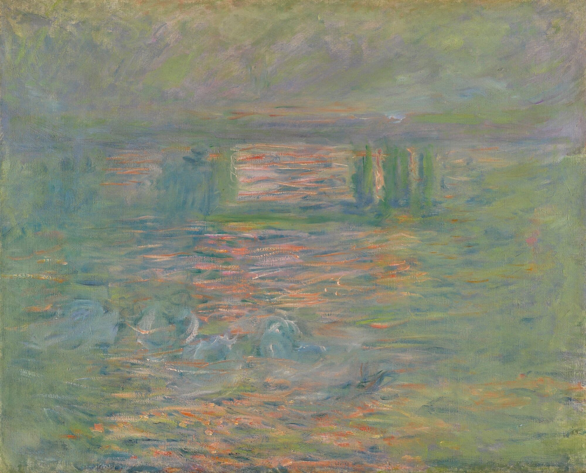 A pale bridge barely visible in green fog over a river streaked with coral and orange reflections — Claude Monet, Charing Cross Bridge, c. 1899–1901