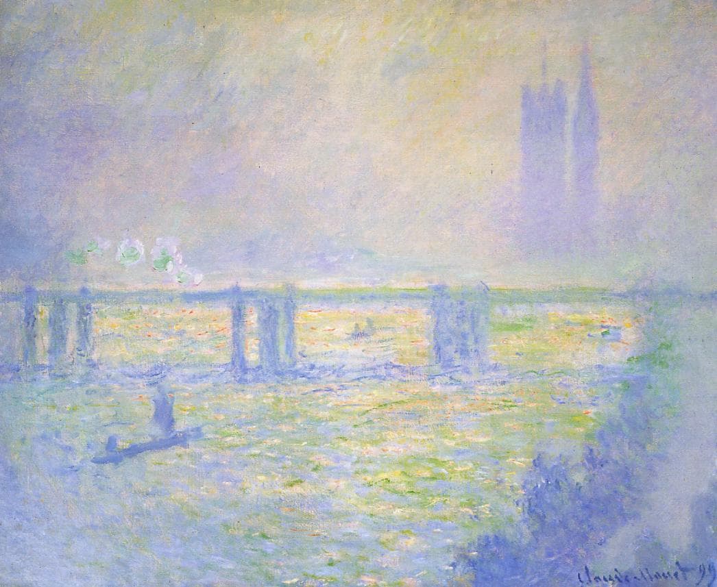 A thin violet railway bridge crosses a glittering yellow and mauve river under a pale hazy sky, with Parliament's towers faint at right — Claude Monet, Charing Cross Bridge, 1899
