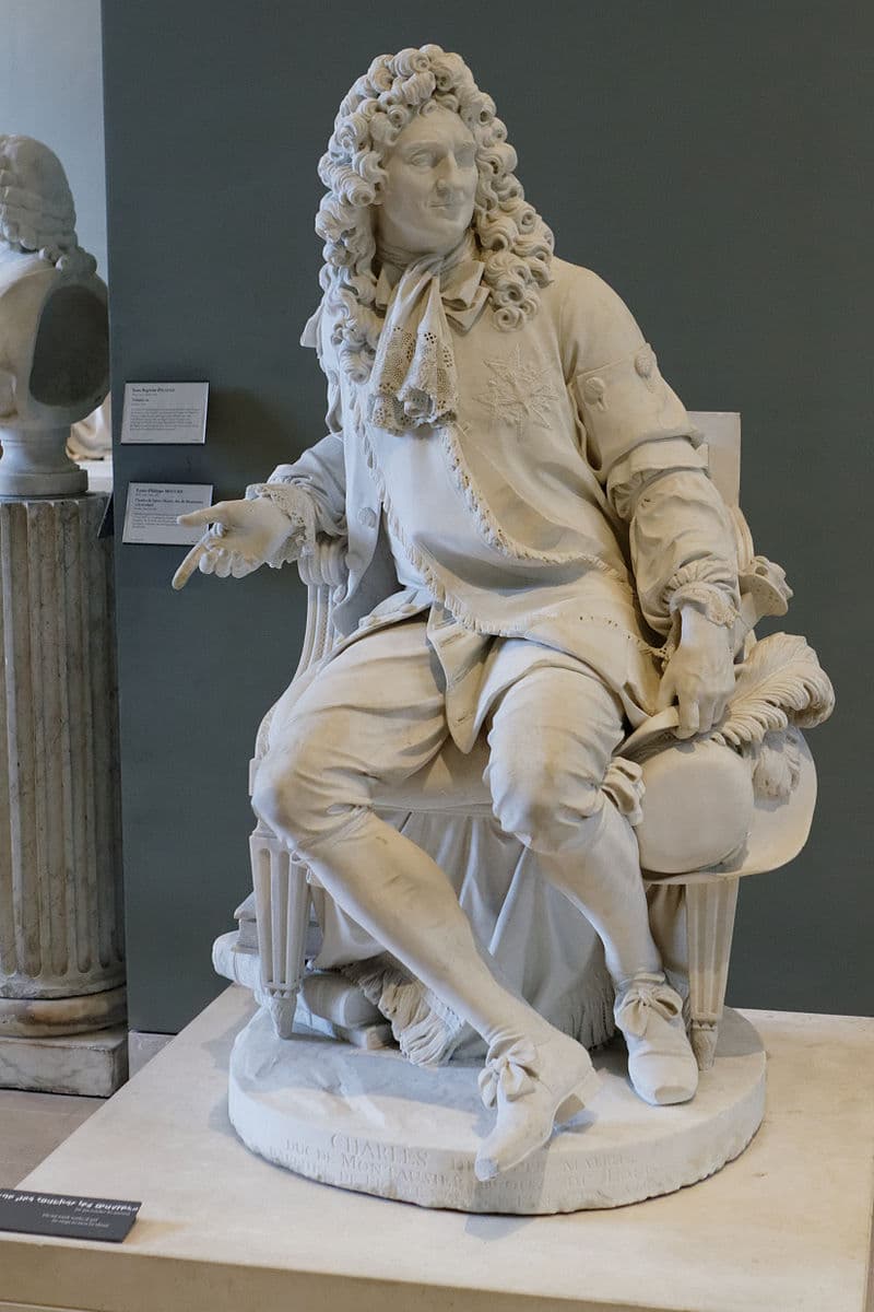 A seated gentleman in a curled wig and lace cravat gestures with one hand while resting the other on a plumed hat — Louis-Philippe Mouchy, Charles de Sainte-Maure, Duke of Montausier, 1781–89