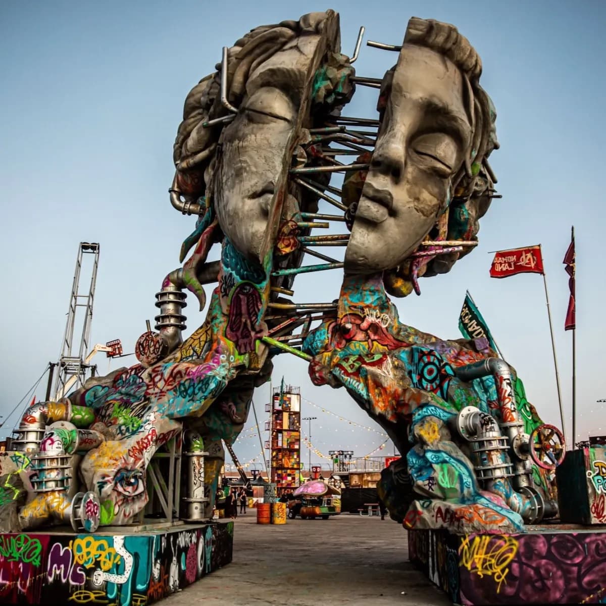 A giant split sculpture of a woman's serene face and torso, the two halves joined by metal rods, her body covered in colorful graffiti — Daniel Popper, Chasm, 2022