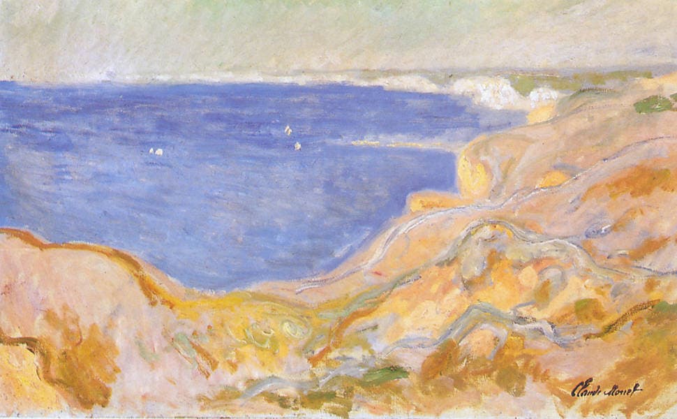 Rolling pink and ocher clifftops curve around a deep blue bay with two small white sails and a pale chalk coastline beyond — Claude Monet, Cliffs East of Pourville, 1896