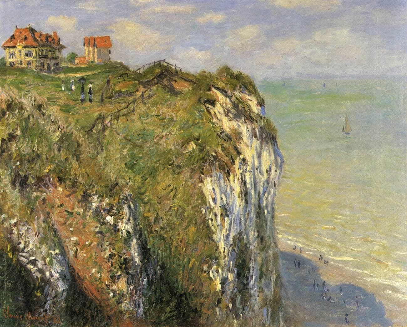 A massive grassy chalk cliff with two red-roofed villas on top drops to a narrow beach beside a pale green sea — Claude Monet, Cliffs near Dieppe, 1882