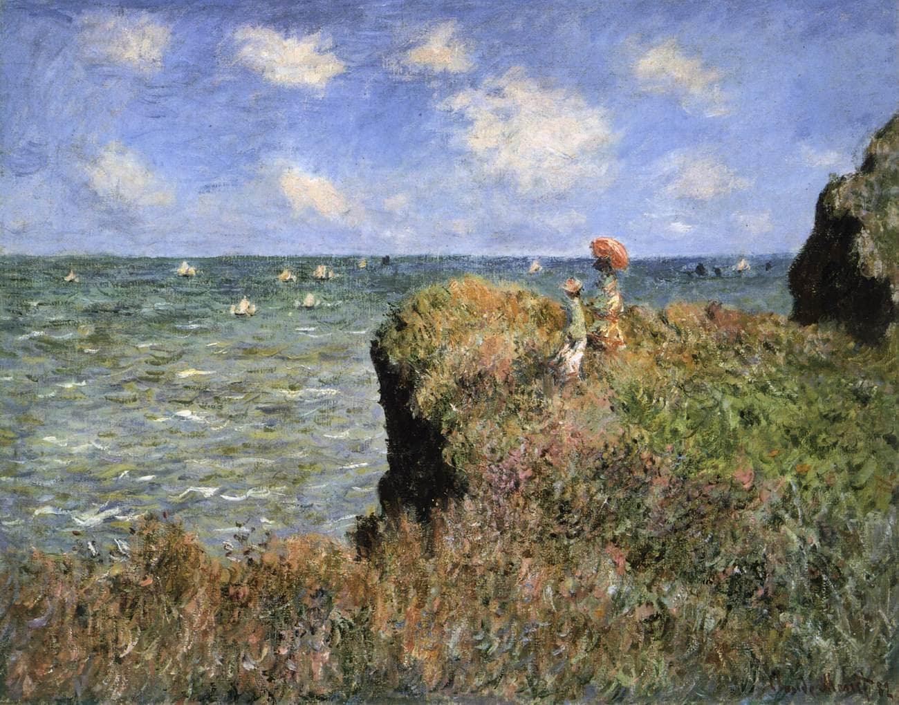 Two women, one with a red parasol, stand on a windswept grassy clifftop above a choppy turquoise sea dotted with sailboats — Claude Monet, Cliff Walk at Pourville, 1882