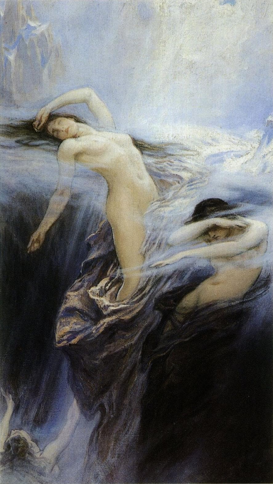 Pale nude nymphs float upward in swirling grey mist through a mountain gorge toward a shaft of sunlight — Herbert James Draper, Clyties of the Mist, 1912