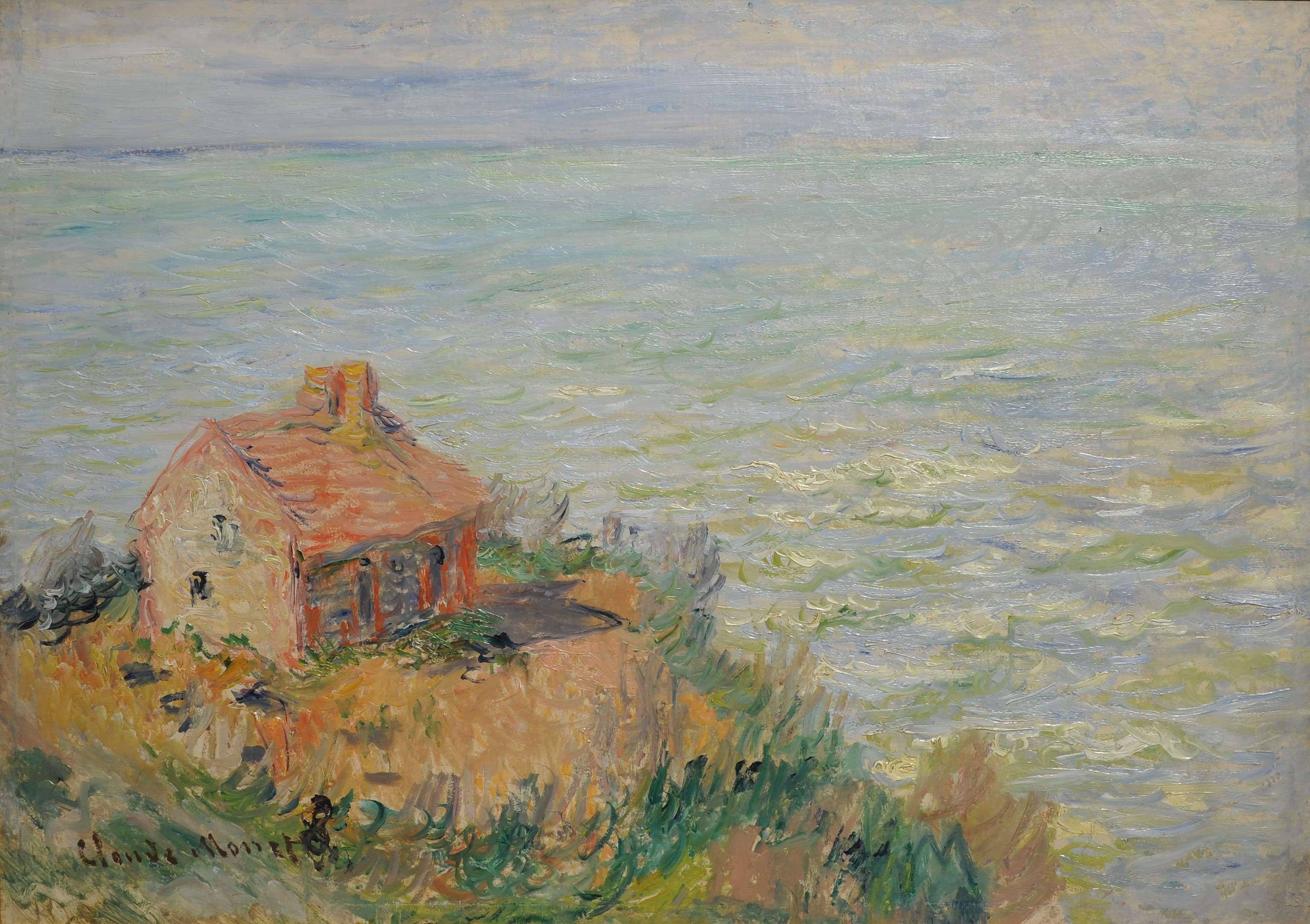 A small orange-roofed stone hut on a grassy clifftop seen from above, a pale blue-green sea glittering below it — Claude Monet, The Customs House, Afternoon Effect, 1882