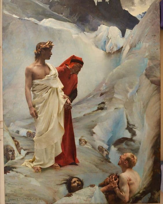A laurel-crowned Virgil in a white toga and Dante in a red robe stand on a glacier while frozen heads of the damned emerge below and a bloodied man grips another's head — Gustave Courtois, Dante and Virgil in Hell, 1879