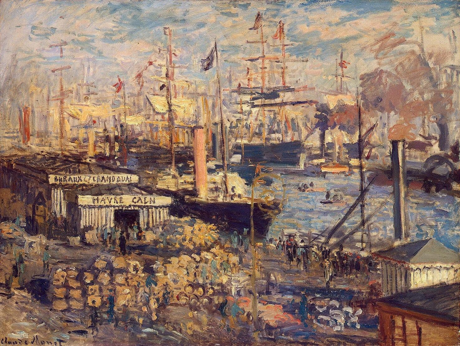A crowded harbor quay with sheds, cargo bales and dockworkers below a forest of ship masts, funnels and flags — Claude Monet, The Grand Quai at Le Havre, 1874